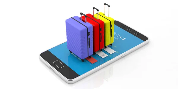Online Resa Bokning Koncept Tre Ljusa Färger Resväskor Mobiltelefon Isolerad — Stockfoto