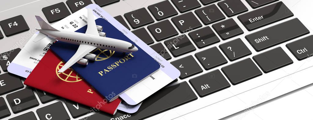 Air travelling and technology concept, passport and boarding pass. Two passports and airplane tickets on computer keyboard. 3d illustration