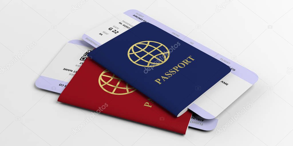 Air travelling concept, passport and boarding pass. Two passports and airplane tickets isolated on white background. 3d illustration