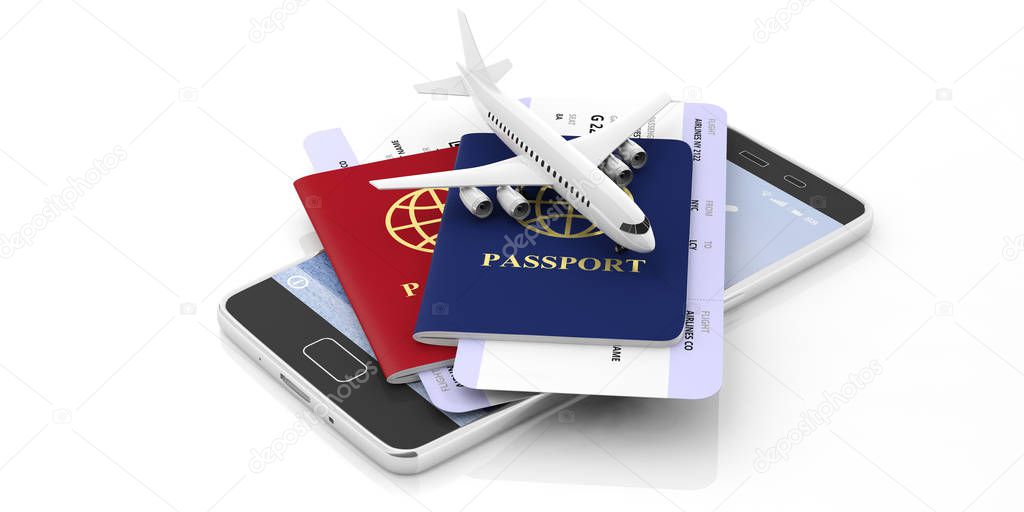 Air travelling and technology concept, passport and boarding pass. Two passports and airplane tickets on a mobile phone isolated on white background. 3d illustration