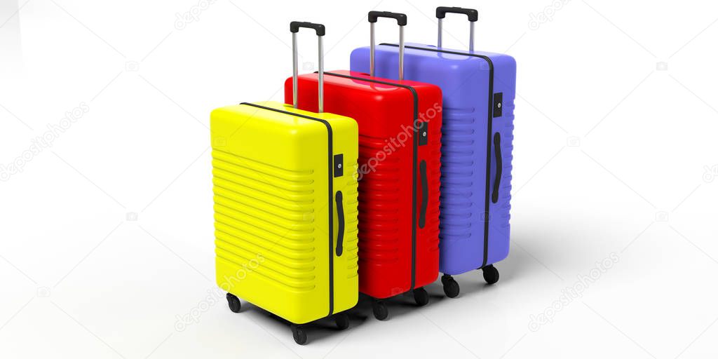 Travel concept. Three bright colors and various sizes suitcases isolated on white background. 3d illustration