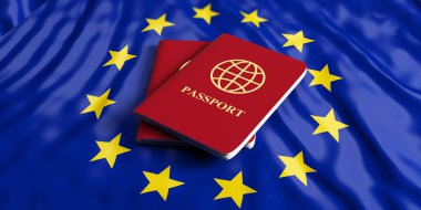 AB için seyahat. İki kırmızı pasaport Avrupa Birliği üzerinde arka plan bayrak. 3D çizim