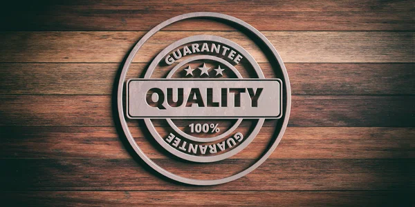 Quality Badge Metal Sign Text Quality Wooden Background Illustration — Stock Photo, Image