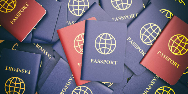 Концепция путешествия. Синий и красный паспорта фон. 3d иллюстрация
