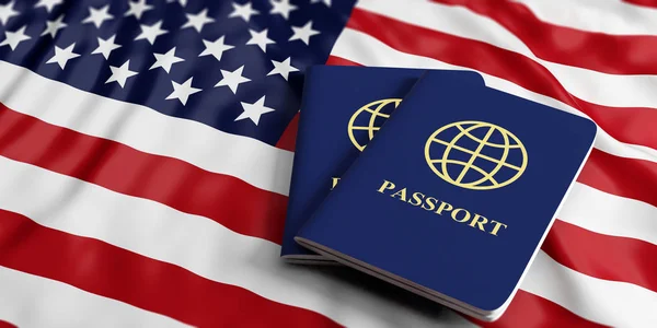 Viajar Estados Unidos Dos Pasaportes Azules Fondo Bandera Estados Unidos — Foto de Stock