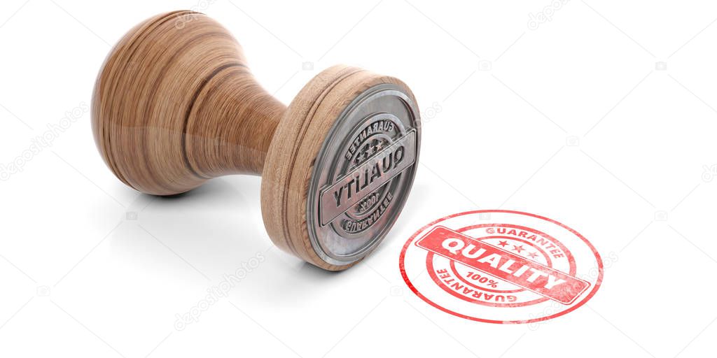 QUALITY stamp. Wooden round rubber stamper and stamp with text quality isolated on white background. 3d illustration