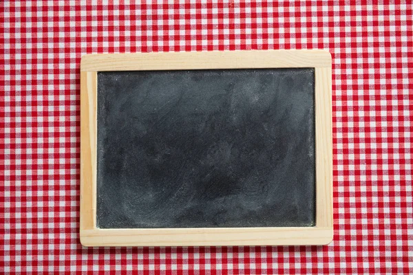 Conceito Menu Quadro Negro Com Moldura Madeira Toalha Mesa Quadriculada — Fotografia de Stock