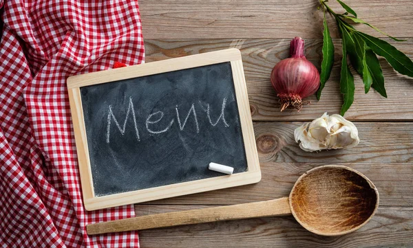 Menu Text Chalkboard Herbs Ladle Red Tablecloth Wooden Table Top — Stock Photo, Image