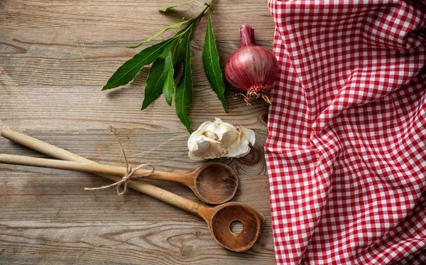 Healthy Cooking Wooden Kitchen Utensils Herbs Red Tablecloth Wooden Table — Stock Photo, Image