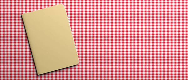 Blank cover recipe notebook on red checkered tablecloth, banner, copy space. 3d illustration