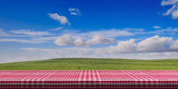 Stół Pokryty Czerwoną Kratkę Obrus Tle Błękitnego Nieba Miejsce Ilustracja — Zdjęcie stockowe