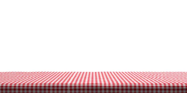 Mesa Cubierta Con Mantel Cuadros Rojo Sobre Fondo Pared Blanco —  Fotos de Stock