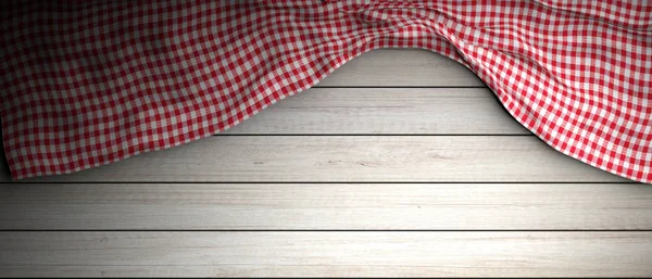 Red and white checkered picnic tablecloth on white wooden background, copy space. 3d illustration