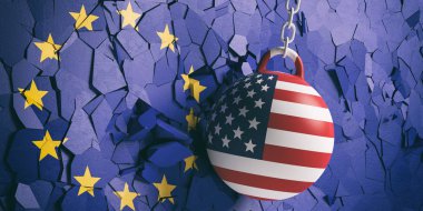 Bize Amerika ve AB ilişkileri. ABD bayrağı yıkım topu bir Avrupa Birliği bayrağı duvar breaking. 3D çizim