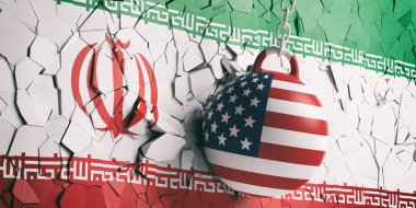 Bize Amerika ve Iran ilişkilerinin. ABD bayrağı yıkım topu Iran bayrağı duvar breaking. 3D çizim