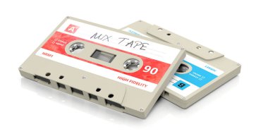 1970'lerden 1980'lerin parti müzik. Vintage ses kasetleri, metin beyaz arka plan üzerinde izole etiket, kasette karıştırın. 3D çizim