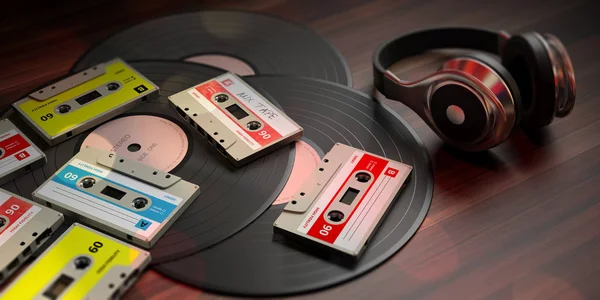 Roku 1970 1980 Hudbu Vintage Audio Kazety Gramodesky Sluchátka Dřevěné — Stock fotografie