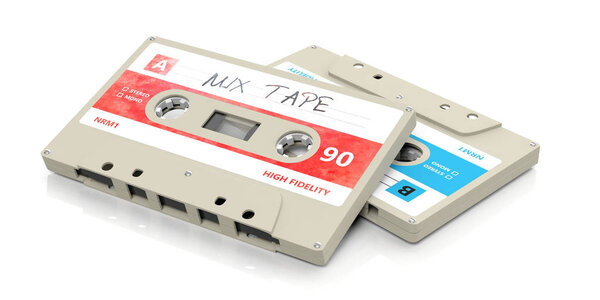 1970s-1980s party music. Vintage audio cassettes, text mix tape on the label, isolated on white background. 3d illustration