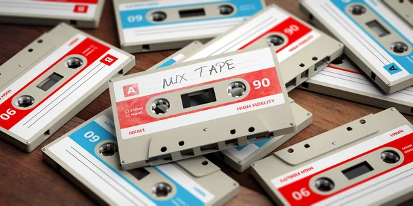 Partymusik Der 1970Er Und 1980Er Jahre Vintage Audiokassetten Auf Holzgrund — Stockfoto
