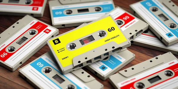 Jaren 1970 Jaren 1980 Feestmuziek Vintage Audiocassettes Houten Achtergrond Illustratie — Stockfoto