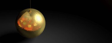 Parti kavramı. Altın Ayna disko topu izole bir siyah arka plan, afiş, kopya alanı. 3D çizim