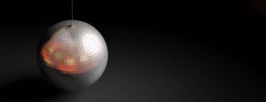 Parti kavramı. Gümüş ayna disko topu izole bir siyah arka plan, afiş, kopya alanı. 3D çizim