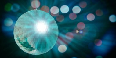 Parti kavramı. Arka planda bir bokeh, kopya alanı, 3d resimde yeşil ayna disko topu