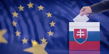 AB Parlamentosu seçimlerinde Slovakya. Slovakça bayrak oy sandığı Avrupa Birliği bayrağı arka plan üzerinde bir zarf ekleyerek el. 3D çizim