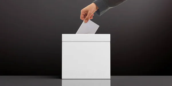 Wahlkonzept Hand Einen Umschlag Eine Weiße Leere Wahlurne Auf Schwarzem — Stockfoto