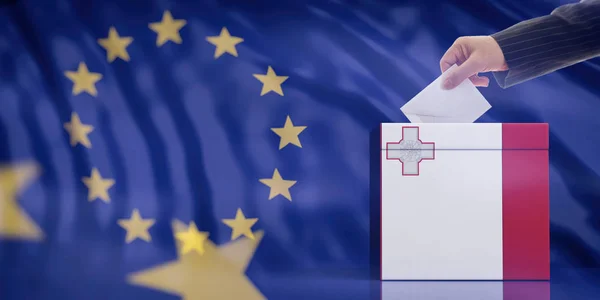 マルタ の議会の選挙 欧州連合の旗の背景にマルタの旗の投票箱に封筒を挿入する手 イラストレーション — ストック写真