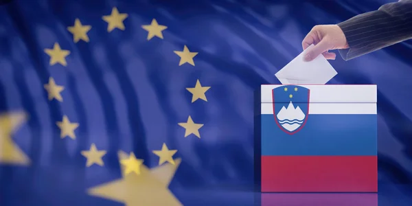 スロベニアの 議会選挙 欧州連合の旗の背景にスロベニア語フラグ投票箱に封筒を挿入する手 イラストレーション — ストック写真