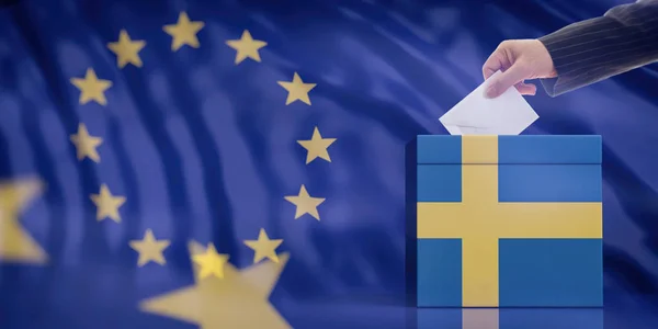 Elections Sweden Parliament Hand Inserting Envelope Swedish Flag Ballot Box — Stock Photo, Image