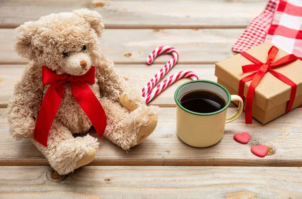 Christmas Time Cup Coffee Teddy Bear Red Ribbon Gift Box — Stock Photo, Image