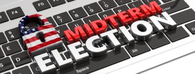 USA electronic vote concept. American flag padlock and midterm elections on computer keyboard, banner, 3d illustration. clipart