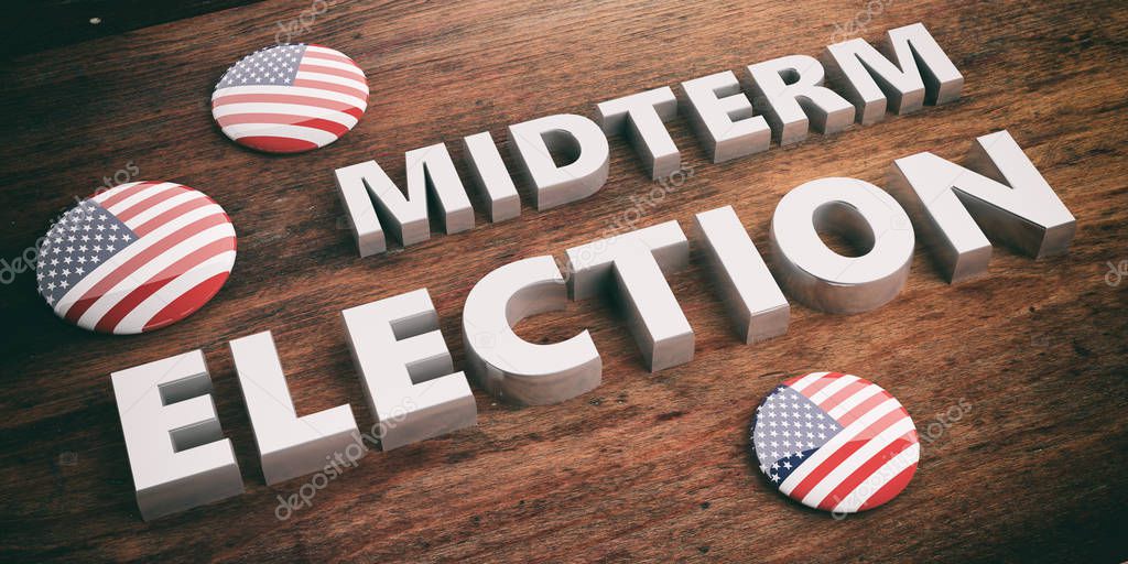 American elections concept. USA flag pin button / badge and midterm elections on wooden background, 3d illustration.