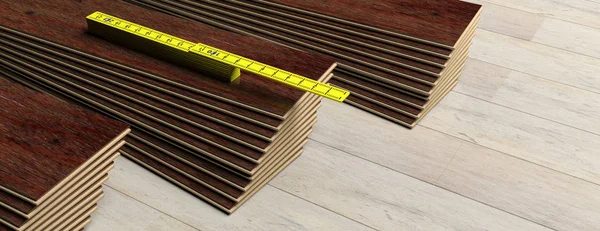 Laminate floor construction. Yellow wooden folding ruler  on laminate floor panels stack, wooden background, copy space. 3d illustration