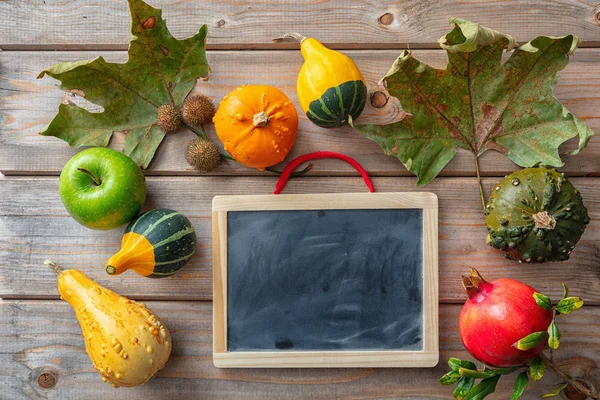 Thanksgiving Concept Colorful Pumpkins Fruits Blank Blackboard Rustic Wooden Background — Stock Photo, Image