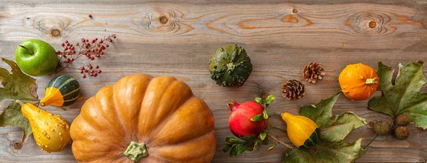 Díkůvzdání Koncept Barevné Dýně Ovoce Podzim Listí Rustikální Dřevěné Pozadí — Stock fotografie