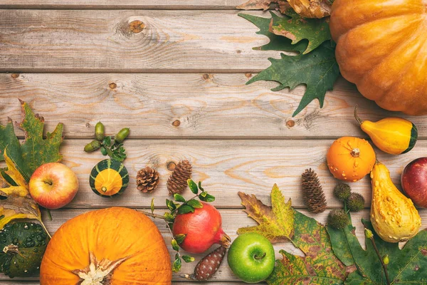 Thanksgiving Concept Colorful Pumpkins Fruits Fall Leaves Rustic Wooden Background — Stock Photo, Image