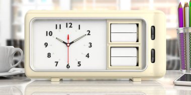 Eski retro çalar saat boş tarih ve gün, ofis resepsiyon arka plan, uzay kopyalayın. 3D çizim