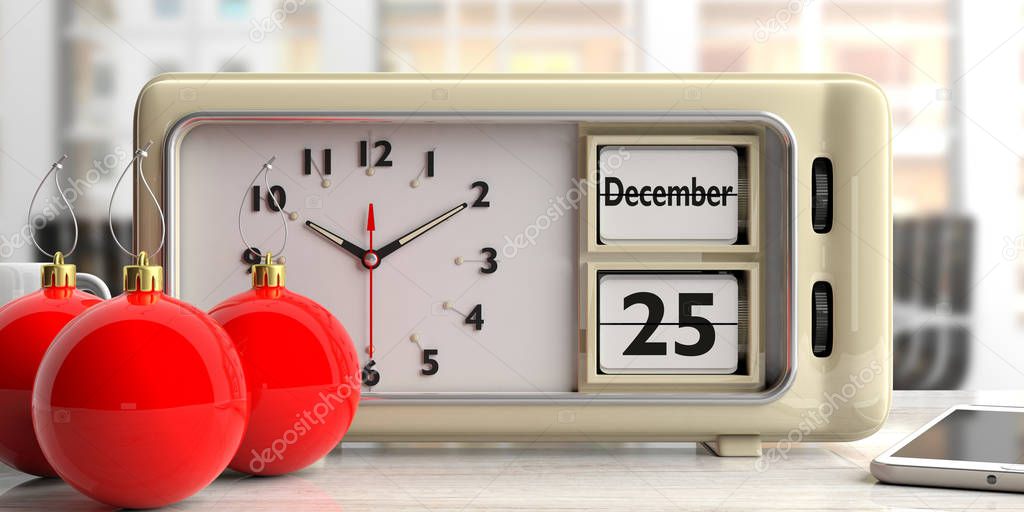 Christmas time. Retro alarm clock with date December 25th and red christmas balls on a desk. 3d illustration