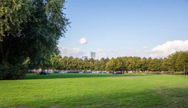 Mavi gökyüzü, arka plan, duvar kağıdı ile güneşli bir günde bir şehir parkı yeşil çayır.