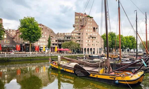 Rotterdam Old Harbor Docked Colorful Sailboats City Picturesque River Marina — Stock Photo, Image