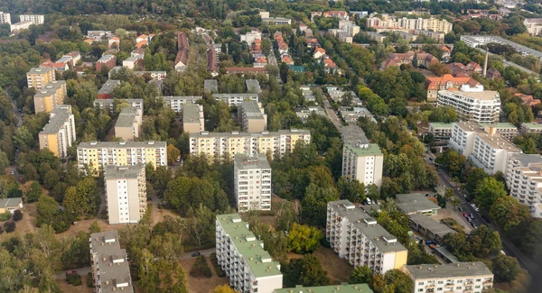 Aerial, panoramic view out of a plane window over Berlin, Germany