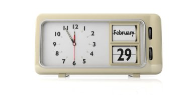 Gün, metin eski retro vintage alarm beyaz arka planı saat ve izole 29 Şubat tarihi sıçrama. 3D çizim.