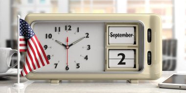 İşçi Bayramı, 2 Eylül 2019 eski retro vintage alarm saati ve Amerikan bayrağı ofis masasında. Arka plan bulanık. 3D çizim.
