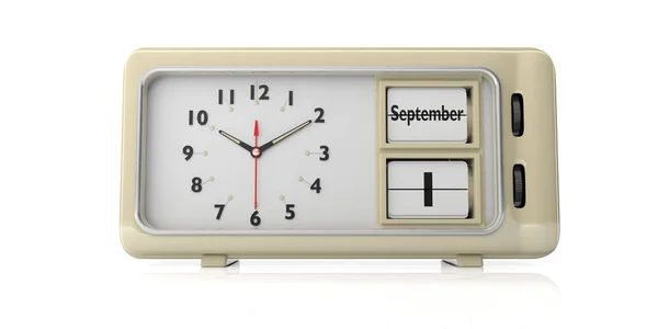 回到学校 老复古复古闹钟与9月1日日期文本反对白色背景和孤立 — 图库照片