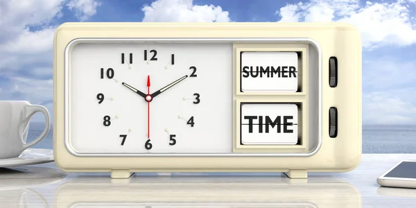 Summer Time Text Retro Vintage Alarm Clock Cloudy Blue Sky — Stock Photo, Image