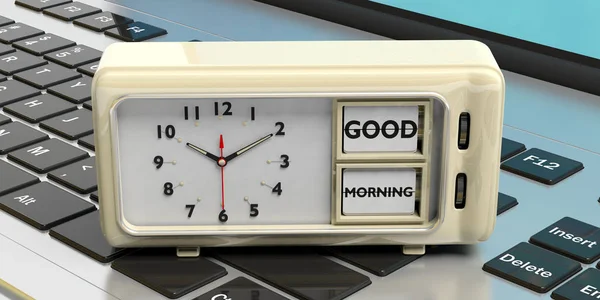God Morgon Vakna Upp Meddelande Retro Vintage Väckarklocka Mot Dator — Stockfoto