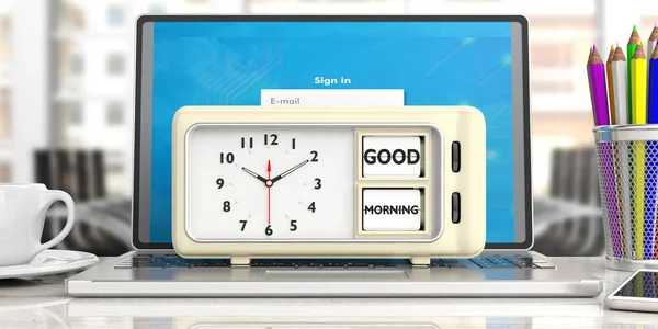 おはようウェイク アップ オフィスぼやけて背景にコンピューターでレトロなヴィンテージ目覚まし時計にメッセージ イラストレーション — ストック写真